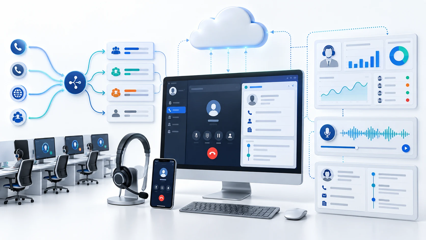 Cloud call center routing, agent softphone, recording, and supervisor analytics