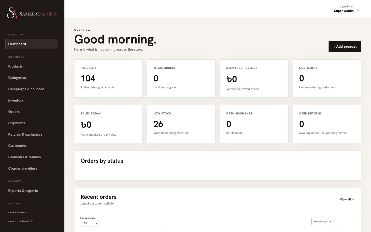 Commerce operations dashboard